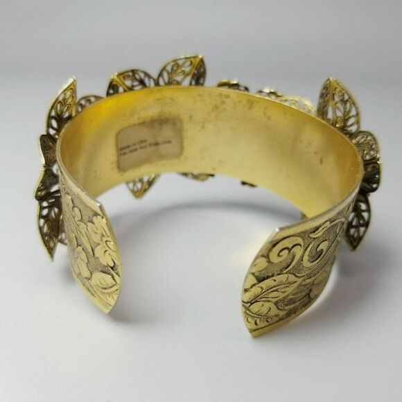 Vintage Blue Green Rhinestone Flower Filigree Cuff Bangle Bracelet, Gold Tone - Picture 5 of 9